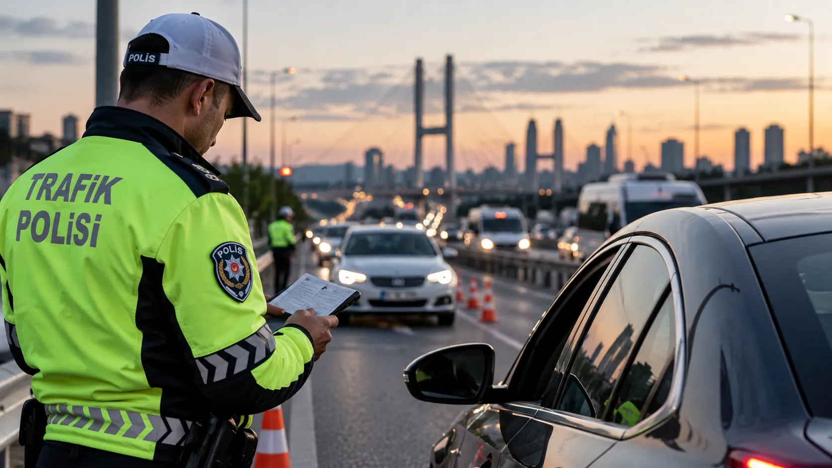 Köprü yolunda araç sürücüsüne trafik cezası düzenleyen trafik polisi