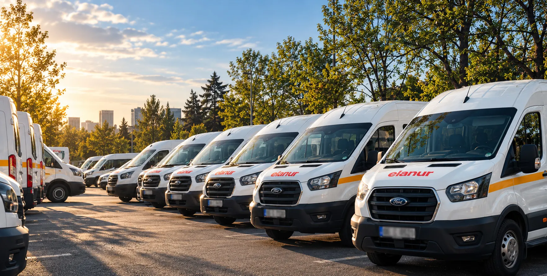 Elanur Turizm logolu beyaz servis minibüsleri, gün batımında otoparkta sıralı