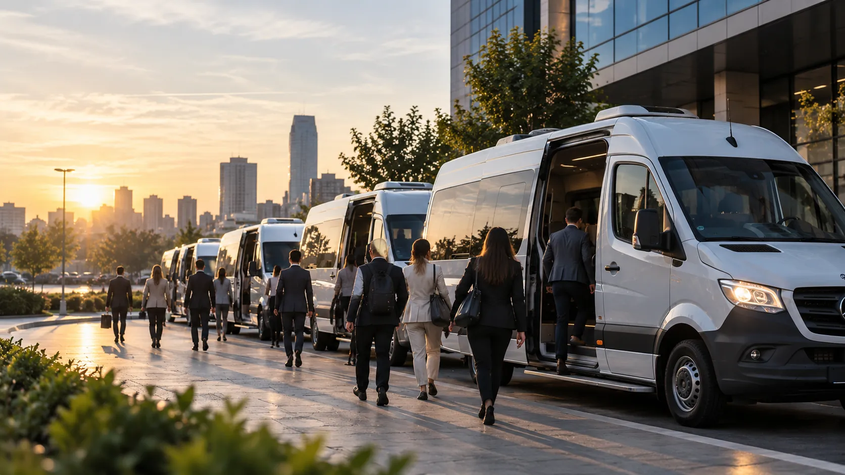 Gün batımında iş merkezi önünde personel servis minibüslerine binen çalışanlar